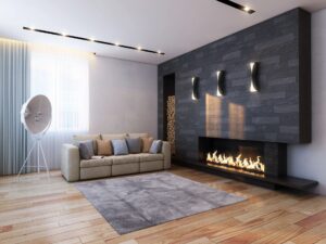 sofa and fire in room
